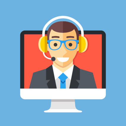 Call center agent on computer screen. Customer support, technical support, client service, online help concepts. Modern flat design graphic elements. Vector illustration