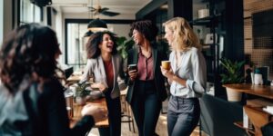 Smiling business team talking